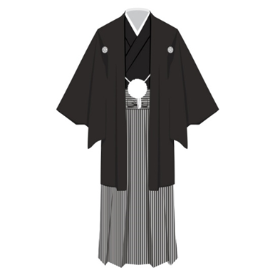 「五つ紋付羽織・袴」はその名の通り、両胸・両袖・背中の中心に「全部で5つの紋」が入った和装。

着物は、家や個人、団体を表す「紋（紋章）」を付けることで格が上がり、その中でも「五つ紋」は最も格が高くなります。