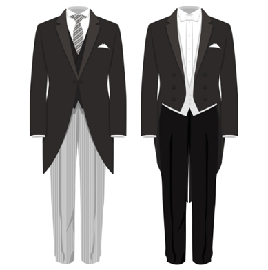 洋装の場合、男性の正礼装は昼がモーニング、夜は燕尾服になります。

モーニングは裾が前から後ろにかけて曲線を描くようにカットされたジャケットを合わせるスタイルで、

燕尾服はジャケットの後ろがツバメの尾のようにカットされているのが特徴です。