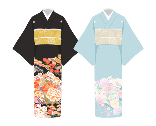 両家の母親や仲人女性は、「留袖」と呼ばれる着物を着るのが一般的です。

「留袖」とは振袖に比べて袖が短く、裾の部分に模様が施された着物のことで、

留袖のうち、五つ紋が入った地色が黒のものは「黒留袖」と呼ばれ、既婚女性の正礼装となります。

対して「色留袖」は黒以外の地色の留袖のことで、既婚・未婚に関わらず着ることができます。

色留袖は紋の数によって格が変わり、五つ紋だと振袖や黒留袖と同じく正礼装になります。