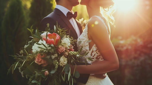 温かな光に包まれて撮影する新郎新婦の姿。