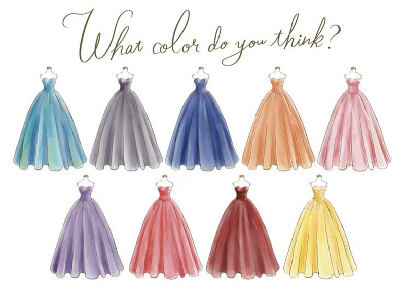 大人気のドレス色当てクイズで使用する様々な色味のカラードレス。