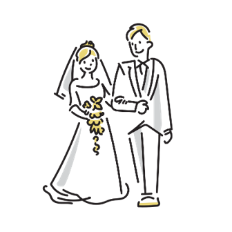 名古屋市の結婚式場ビアンカーラヒルサイドテラスが解説する、新郎新婦のイラスト。海外挙式の引出物を渡すタイミングやマナーに関するイメージ図。